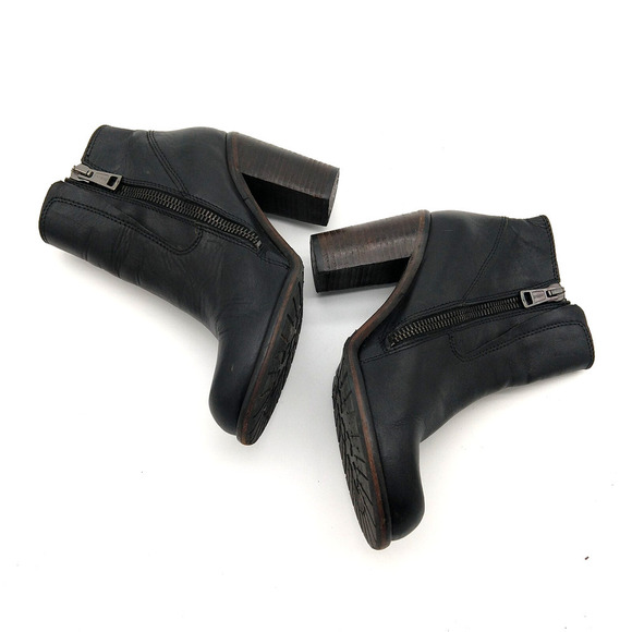 AllSaints Black Leather Ankle Boots Size 39 8 8.5 Stacked Heel Side Zip Moto - Picture 3 of 8